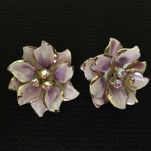Vintage Pink Enamel Flower Clip On Earrings
